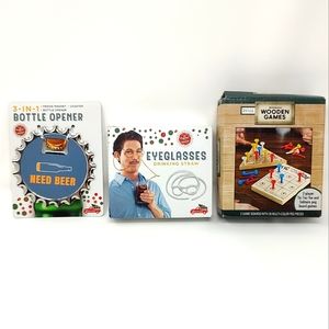 New Set of 3 Gag Gifts Bundle Eyeglasses Straw Bottle Opener Magnet Wood Games